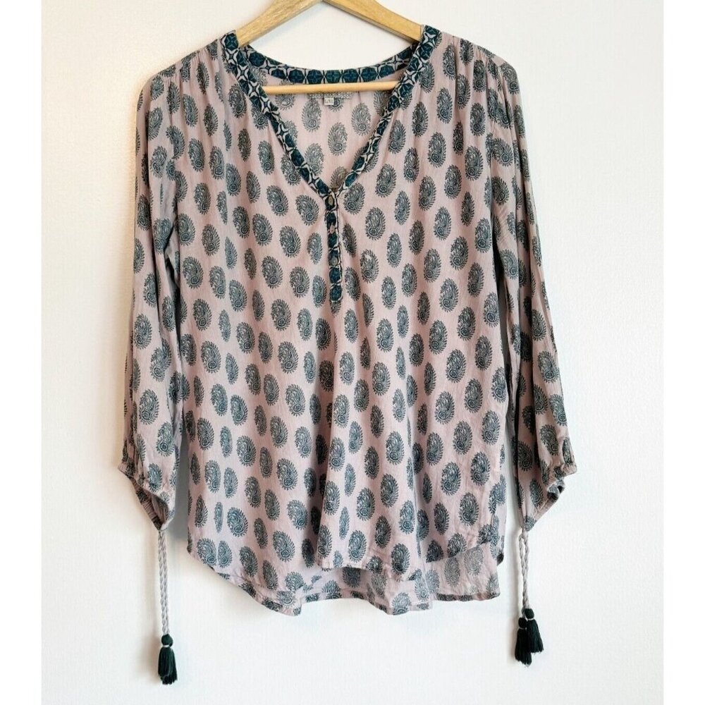 WORLD MARKET Boho Beige Teal Top Size Large XL V-Neck 3/4 Sleeve Tassel Vacation